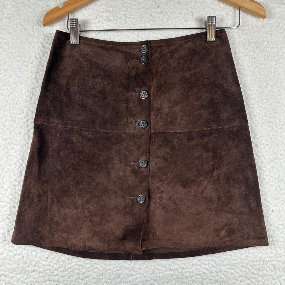 Banana Republic Mini Skirt 6 Brown Suede Genuine Leather Button Dark Academia